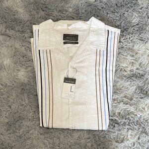 Primark Men's Striped Linen Shirt - White, Blue, Brown